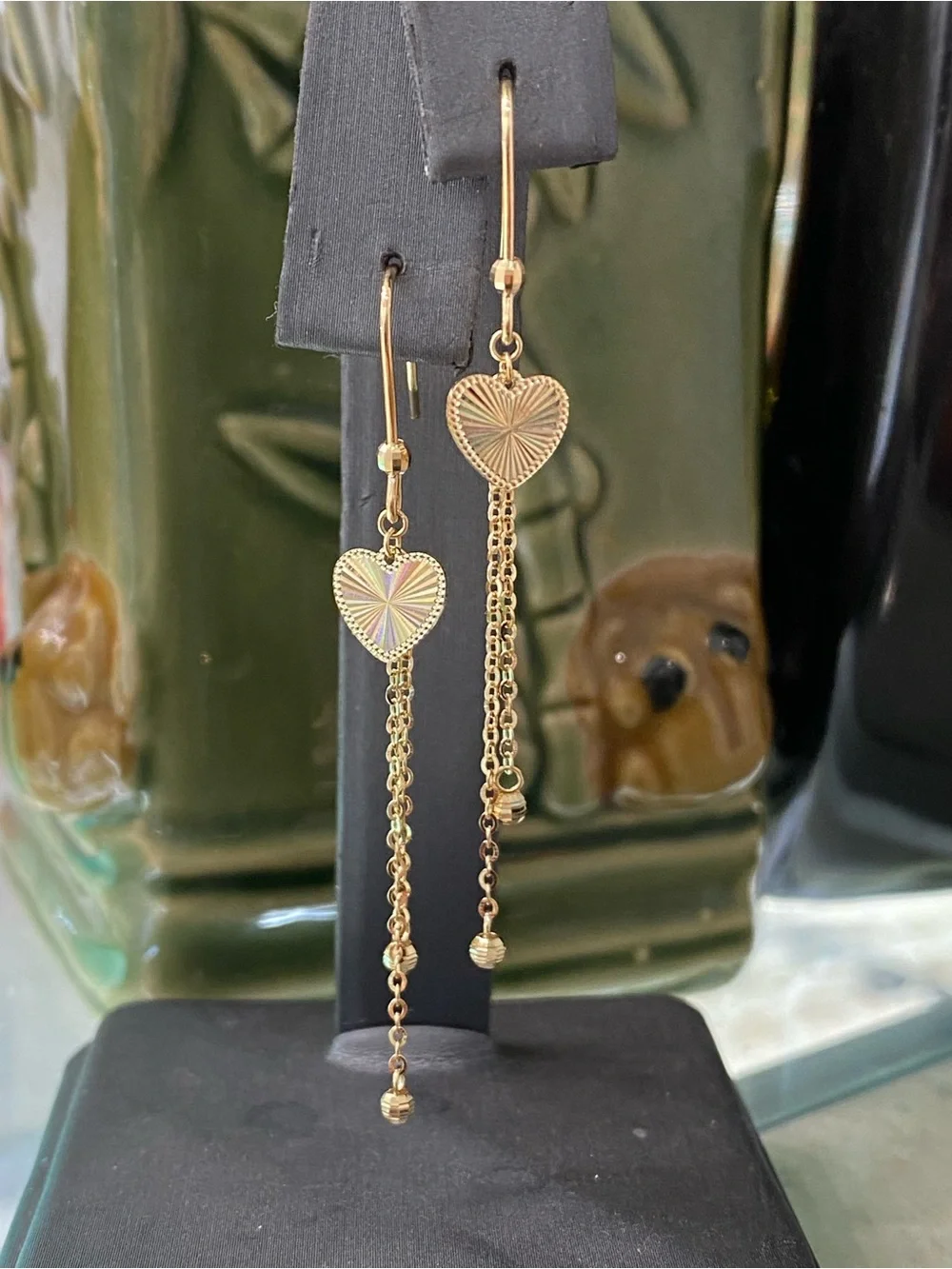 18K Yellow Gold Heart Danling Earrings